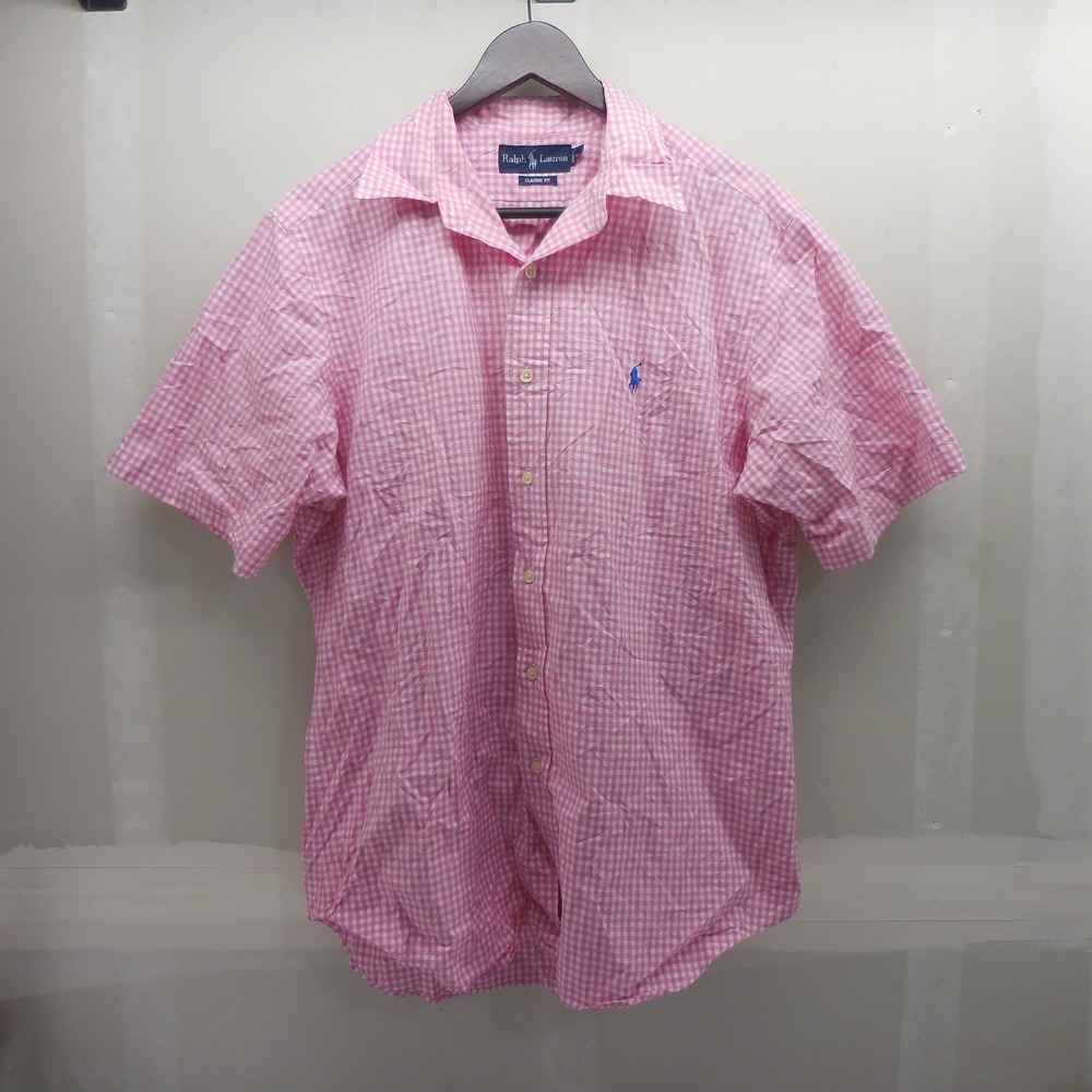Ralph Lauren Mens Large Pink Gingham Short Sleeve Classic Fit Cotton Shirt